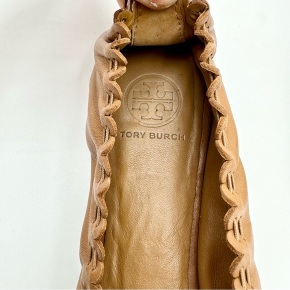 Tory Burch Reese Mestico Royal Tan Leather Ballet Flats Gold Accents Tassels - Picture 9 of 10